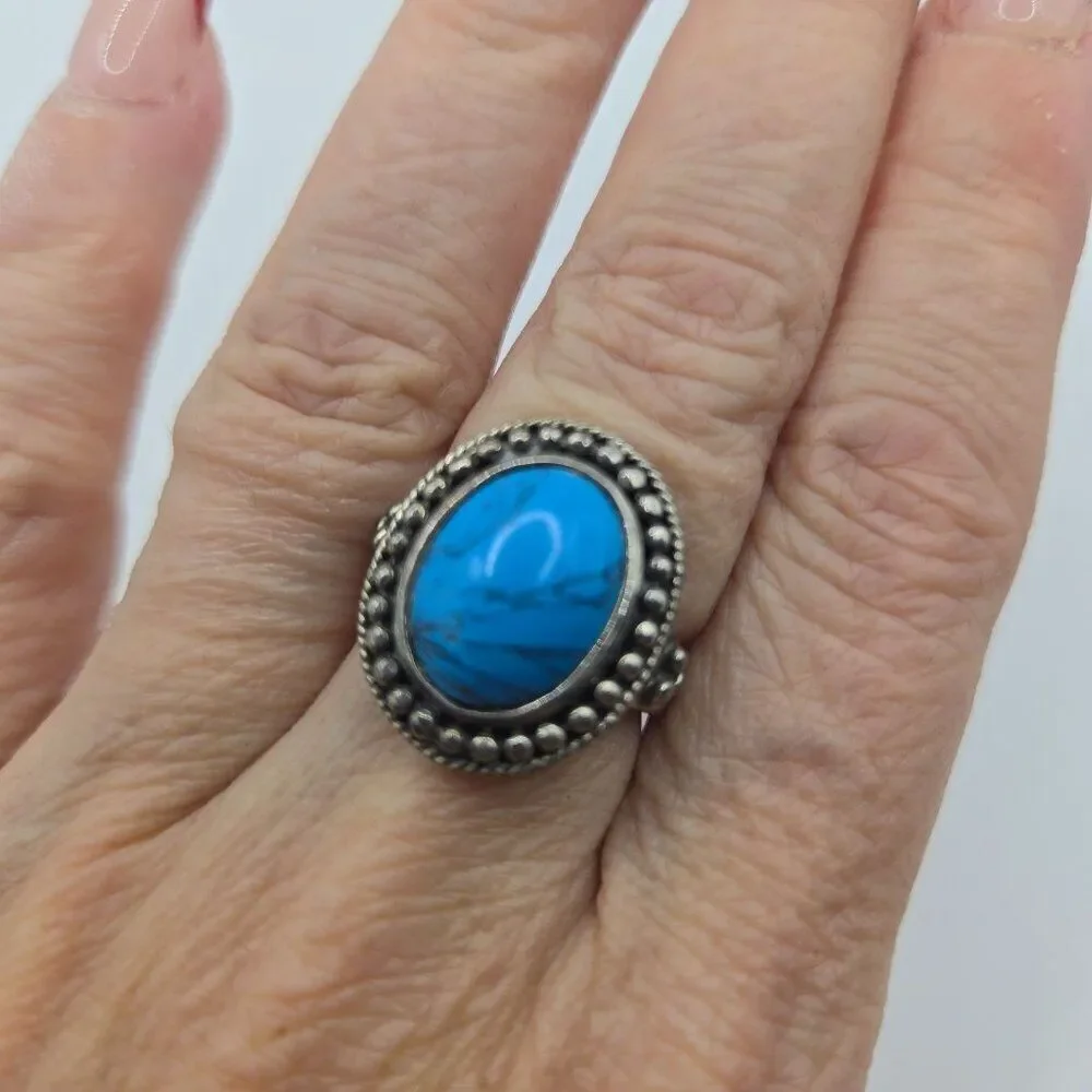 Vintage HAN 925 Sterling Silver Real Cabochon Turquoise Beaded Ring Size 6